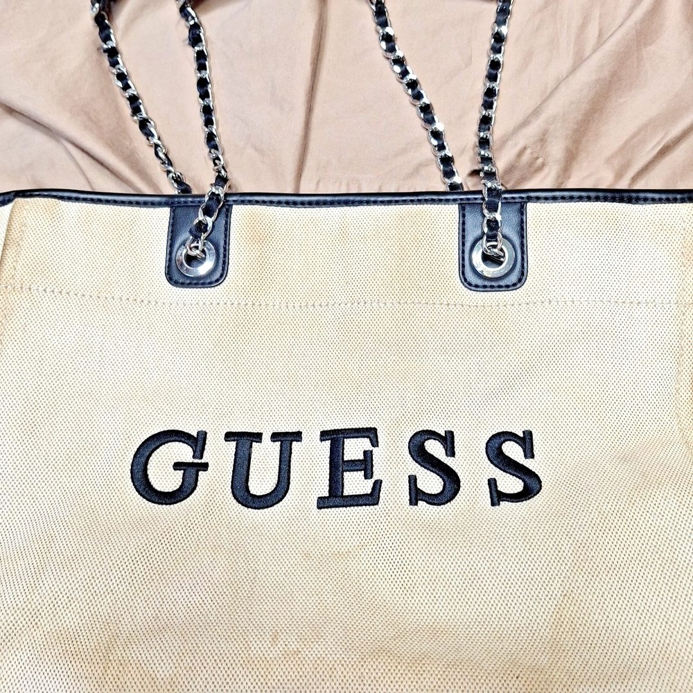 Vintage Guess Canvas Tote w Chain Handles 90s Retro Large Y2K Black Trim Metal - Picture 3 of 16